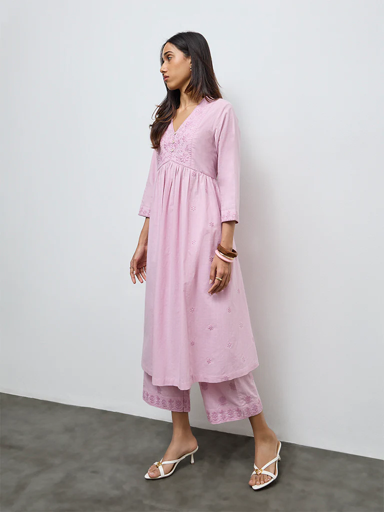 Utsa Pink Floral Embroidered Cotton A-Line Kurta - Image 2