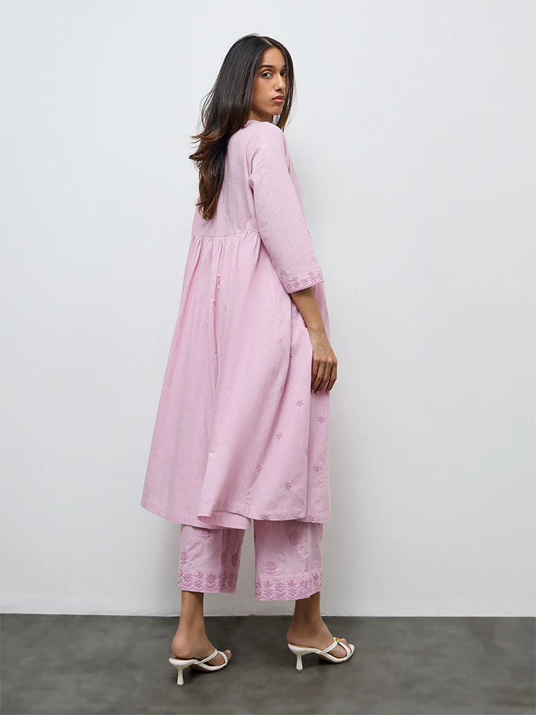 Utsa Pink Floral Embroidered Cotton A-Line Kurta - Image 4