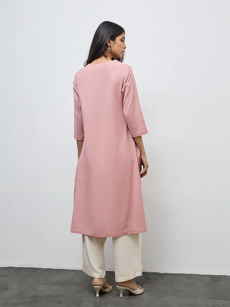 Utsa Pink Floral Embroidered Cotton-Blend A-Line Kurta - Image 4