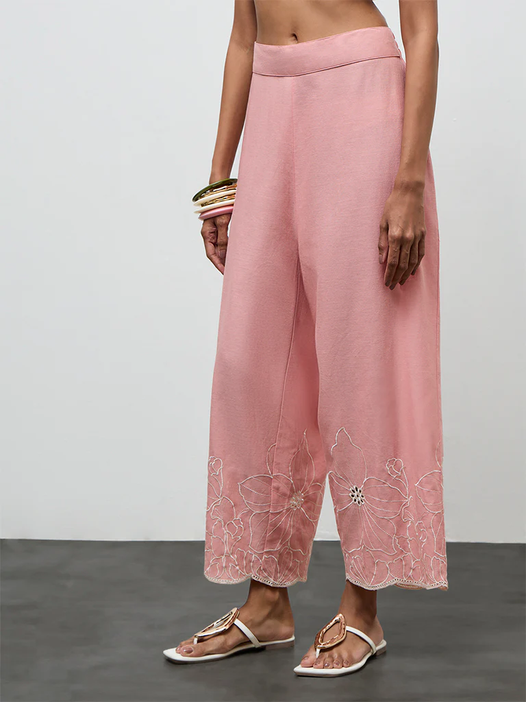 Utsa Pink Floral Embroidered Cotton-Blend Pants