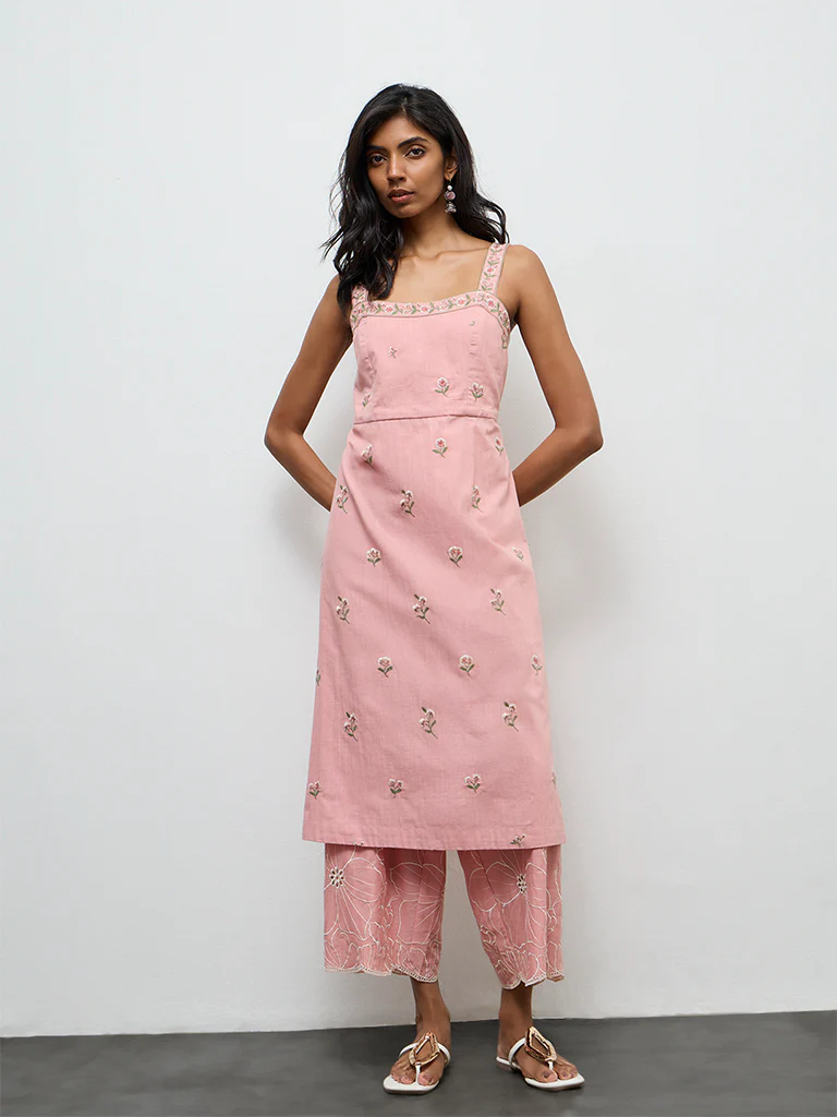 Utsa Pink Floral Embroidered Cotton-Blend Pants - Image 2