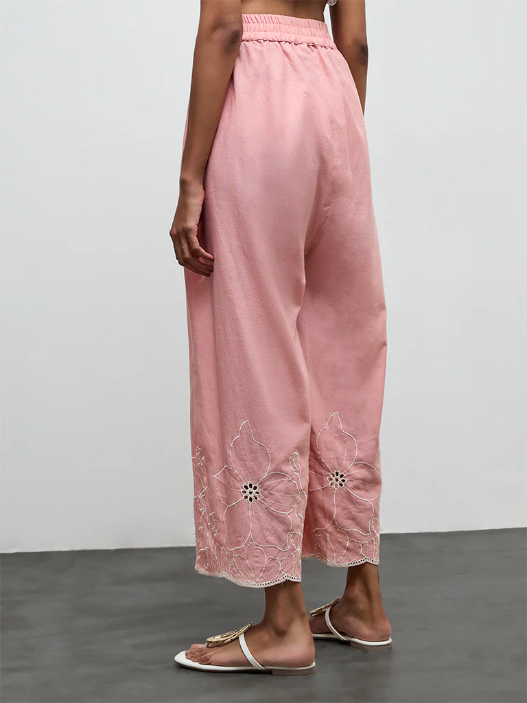 Utsa Pink Floral Embroidered Cotton-Blend Pants - Image 4