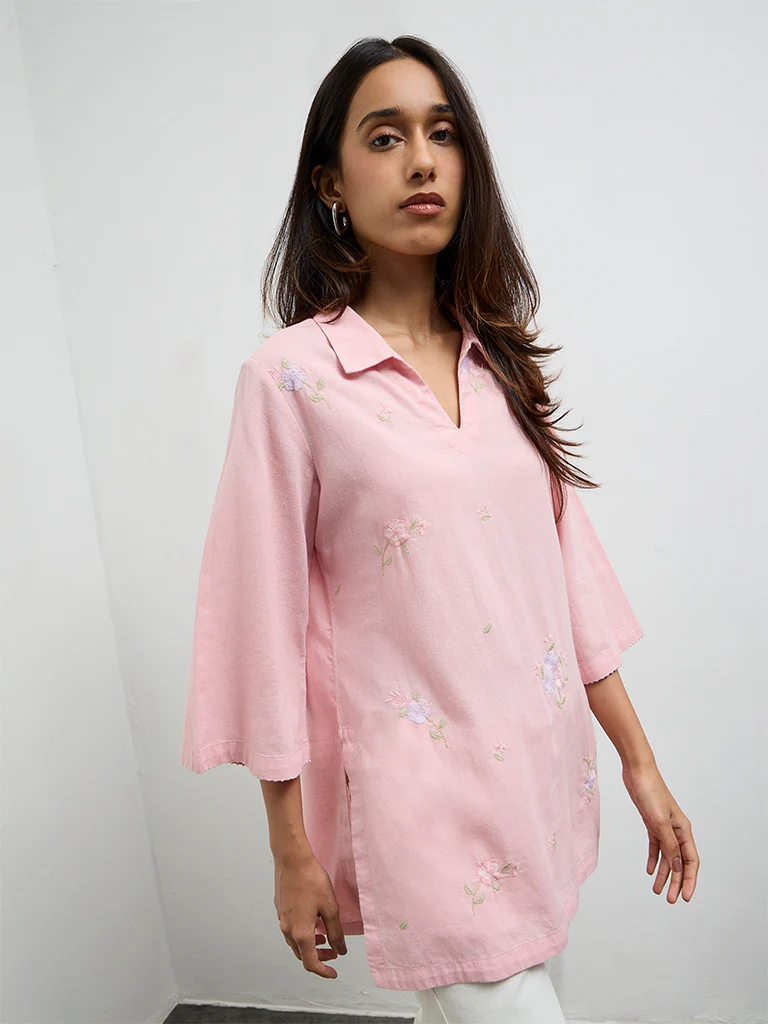 Utsa Pink Floral Embroidered Cotton-Blend Tunic