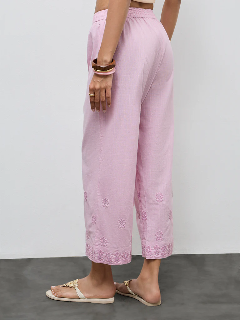 Utsa Pink Floral Embroidered Cotton Pants - Image 4