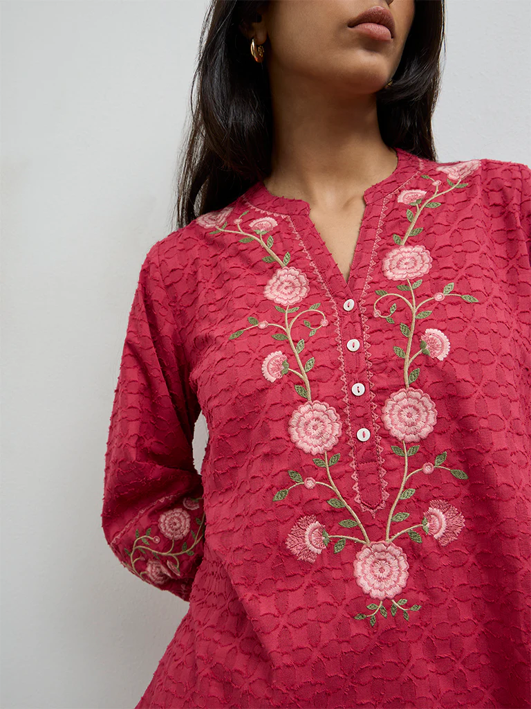 Utsa Pink Floral Embroidered Cotton Tunic - Image 3