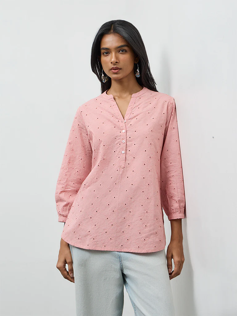 Utsa Pink Floral Embroidered Cotton Tunic