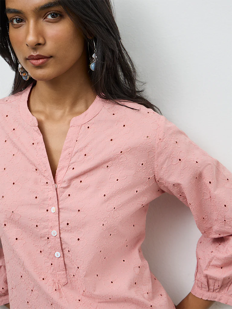 Utsa Pink Floral Embroidered Cotton Tunic - Image 3