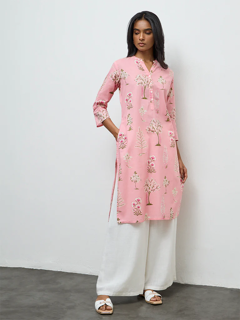Utsa Pink Floral Pattern Cotton Straight Kurta - Image 2