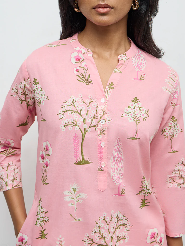 Utsa Pink Floral Pattern Cotton Straight Kurta - Image 3