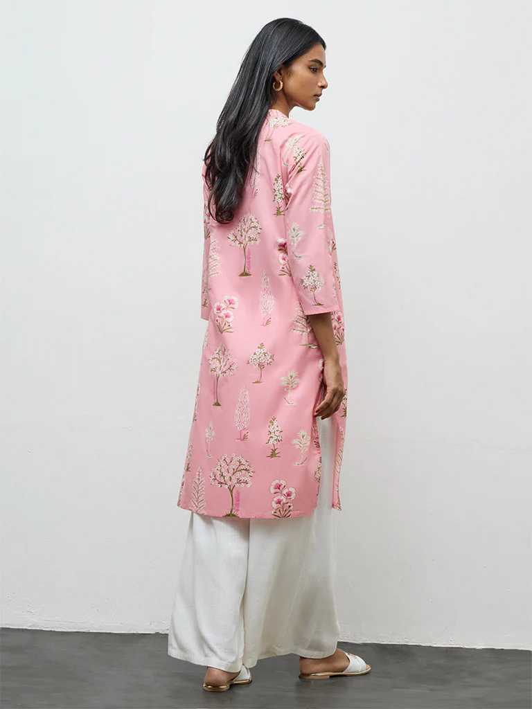 Utsa Pink Floral Pattern Cotton Straight Kurta - Image 4