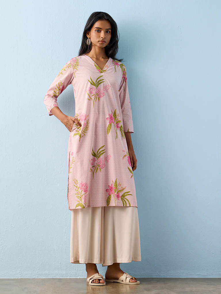 Utsa Pink Floral Pattern Cotton Straight Kurta - Image 2