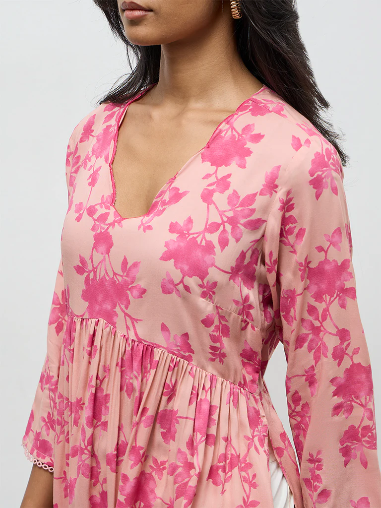 Utsa Pink Floral Printed A-Line Kurta - Image 3