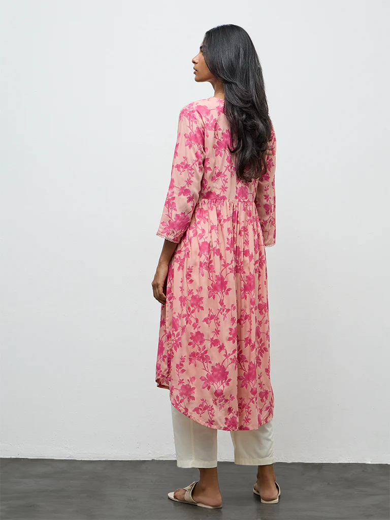 Utsa Pink Floral Printed A-Line Kurta - Image 4