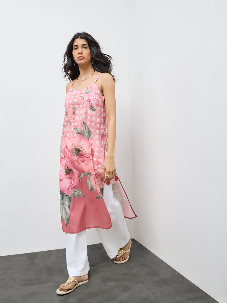 Utsa Pink Floral Printed Cotton A-Line Kurta - Image 2