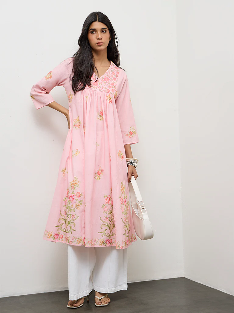Utsa Pink Floral Printed Cotton Anarkali Kurta