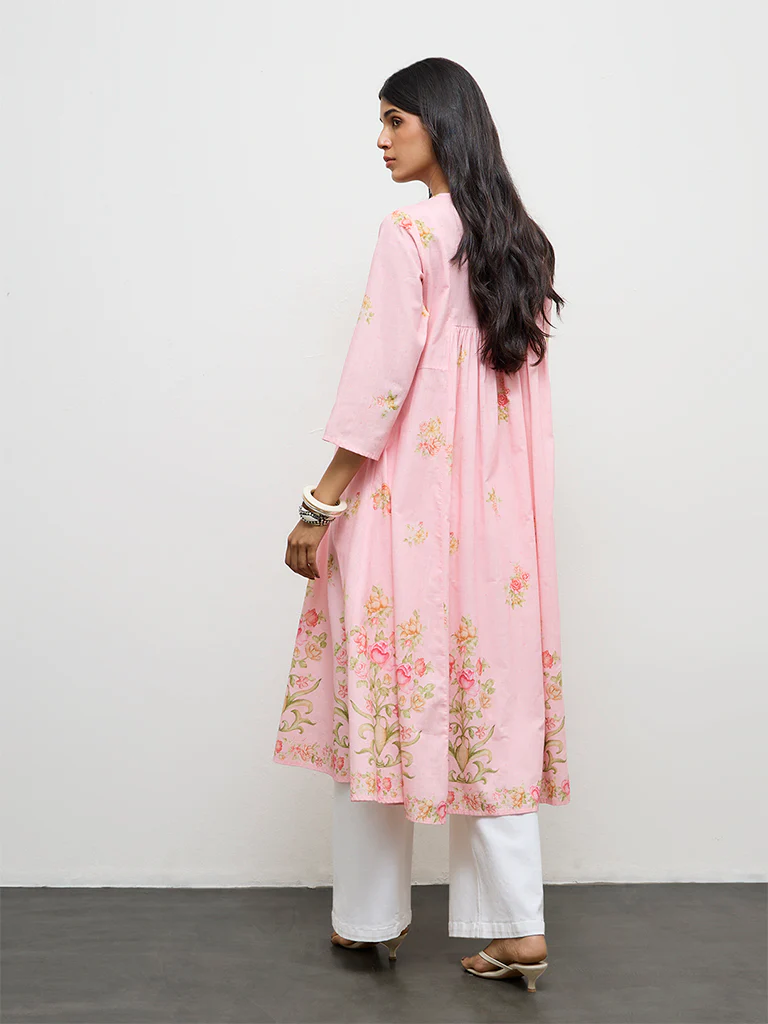 Utsa Pink Floral Printed Cotton Anarkali Kurta - Image 4