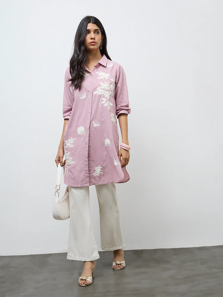 Utsa Pink Floral Printed Cotton-Blend A-Line Kurta