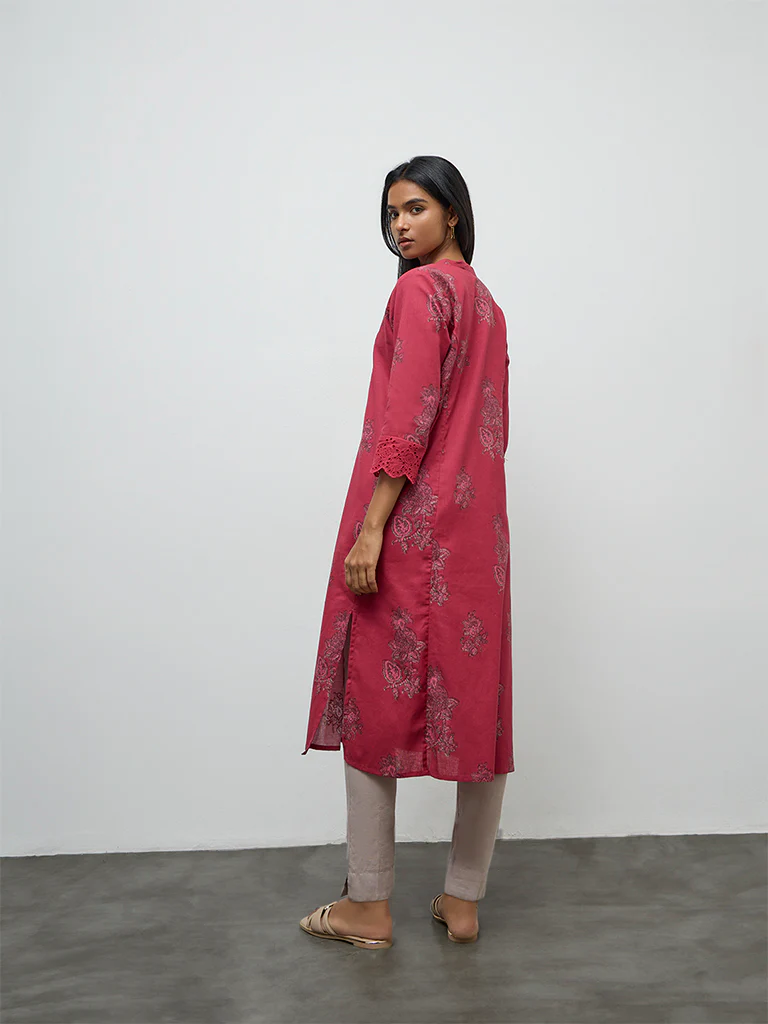 Utsa Pink Floral Printed Cotton-Blend A-Line Kurta - Image 4