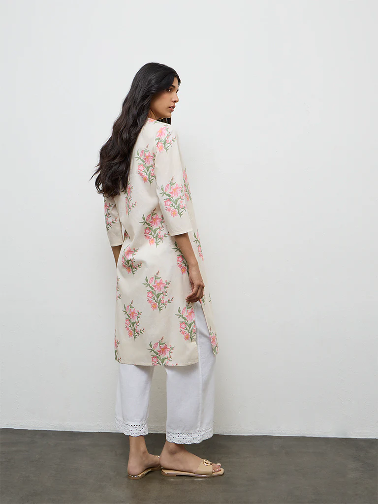 Utsa Pink Floral Printed Cotton Straight Kurta - Image 4