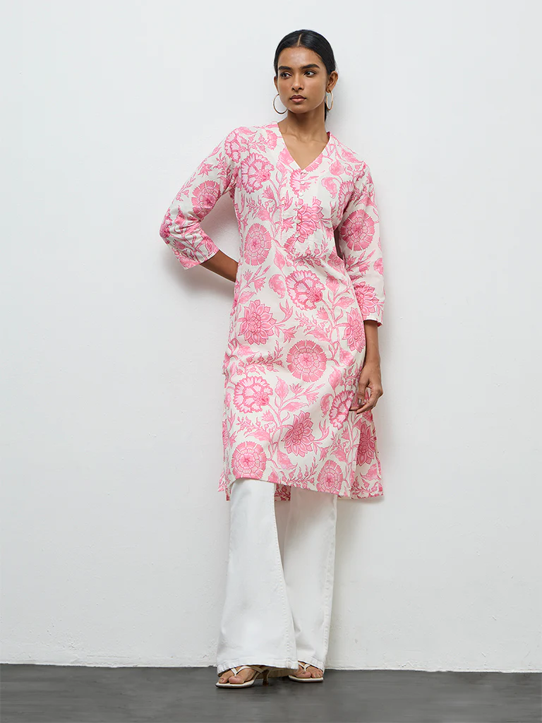Utsa Pink Floral Printed Cotton Straight Kurta - Image 2
