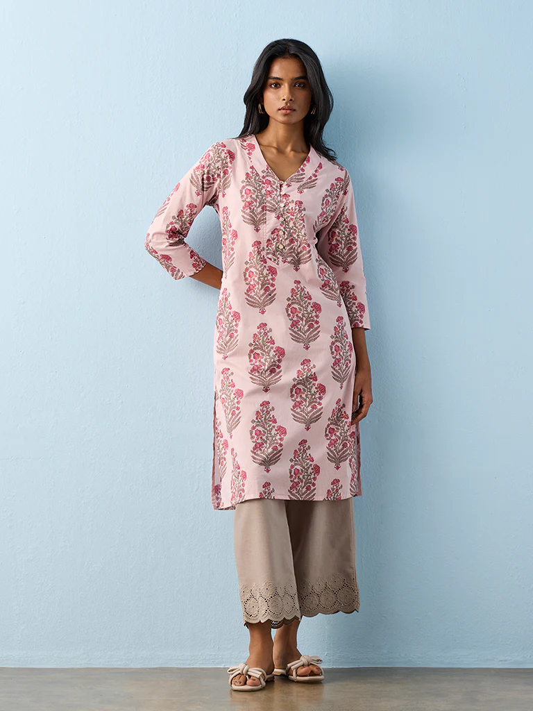 Utsa Pink Floral Printed Cotton Straight Kurta - Image 2