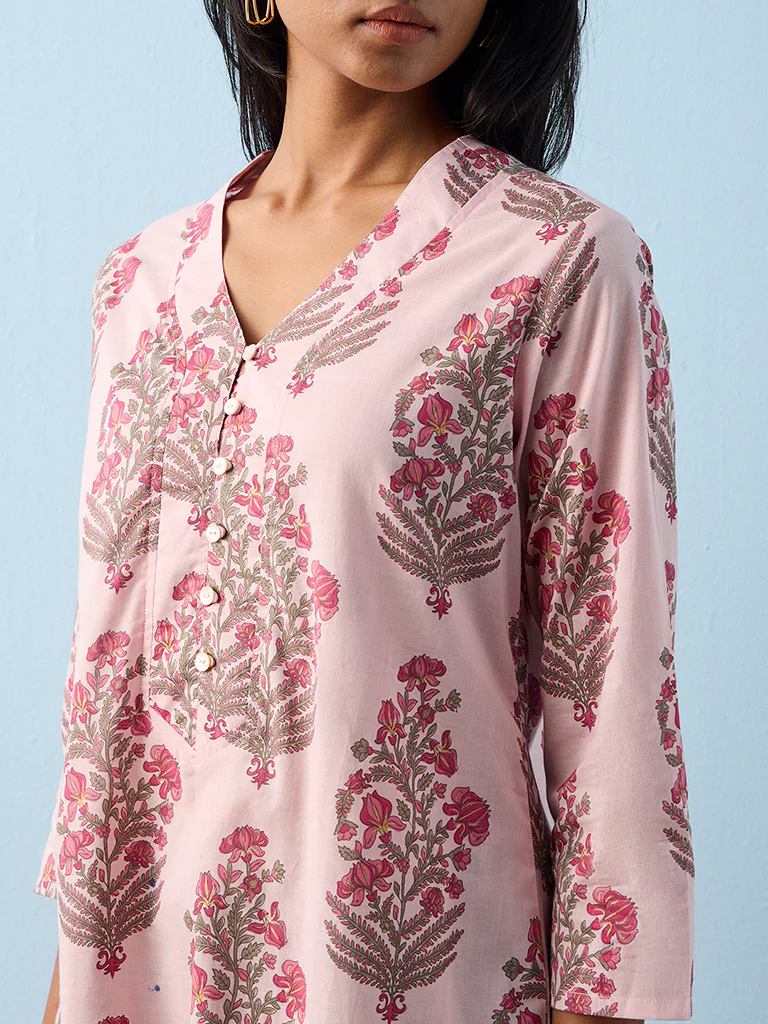 Utsa Pink Floral Printed Cotton Straight Kurta - Image 3