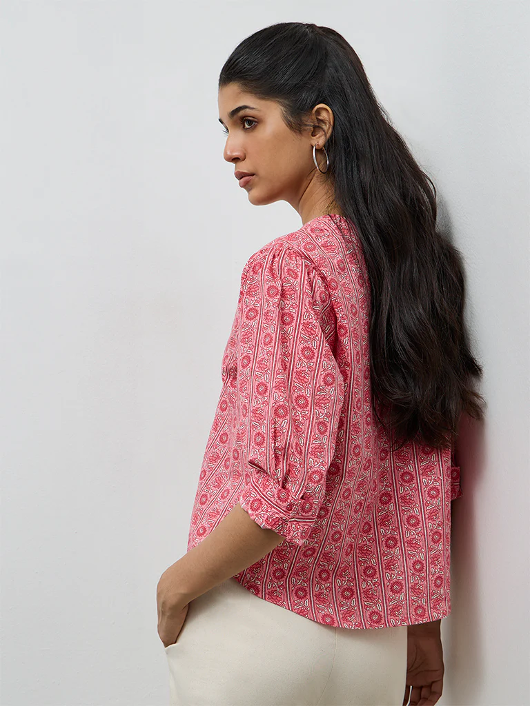 Utsa Pink Floral Printed Cotton Tunic - Image 4