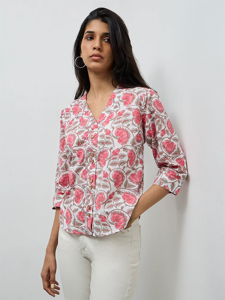 Utsa Pink Floral Printed Cotton Tunic