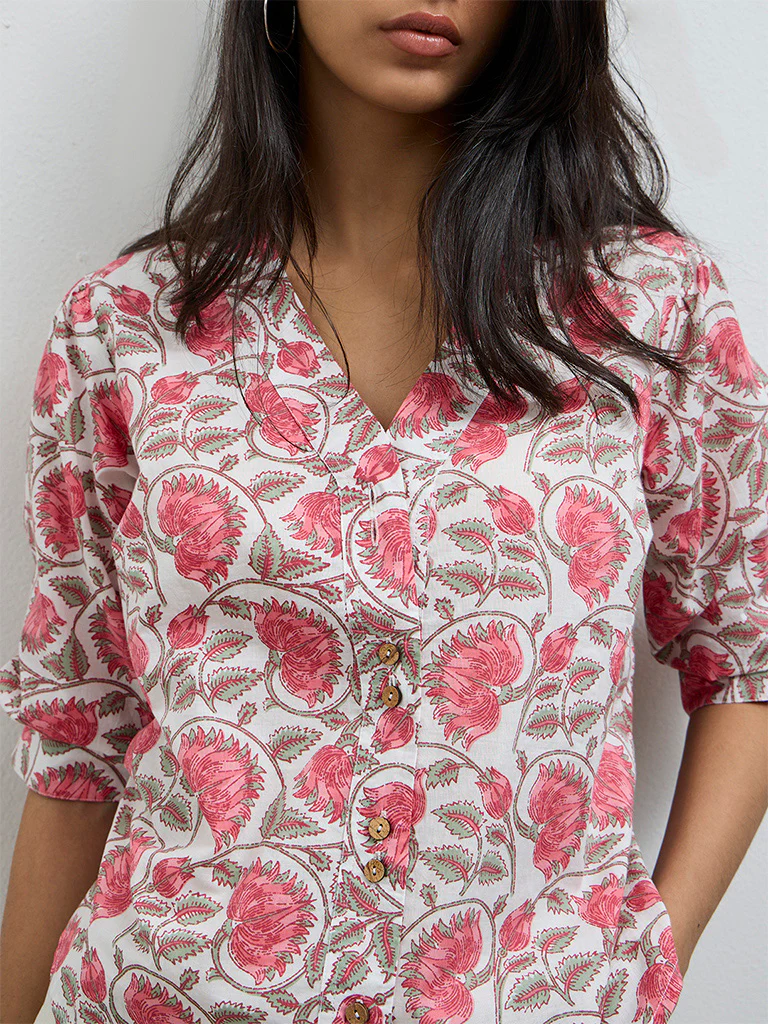 Utsa Pink Floral Printed Cotton Tunic - Image 3