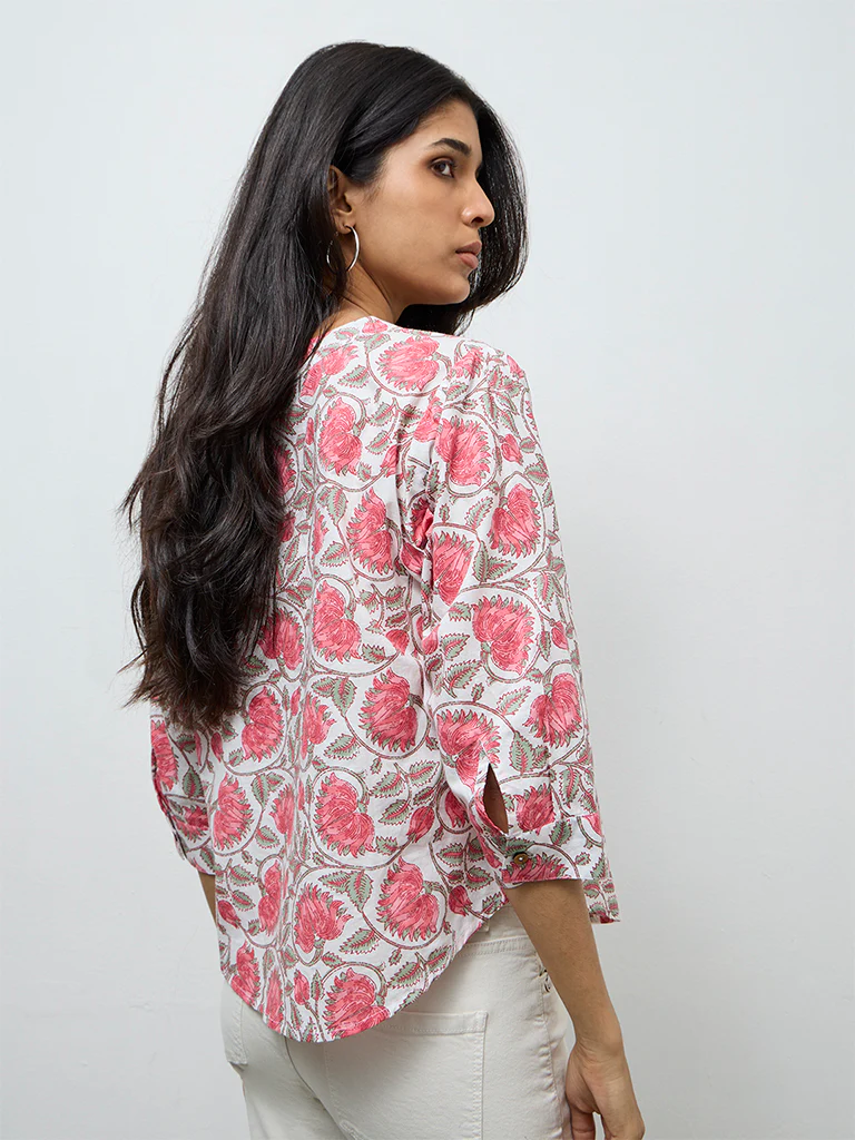 Utsa Pink Floral Printed Cotton Tunic - Image 4