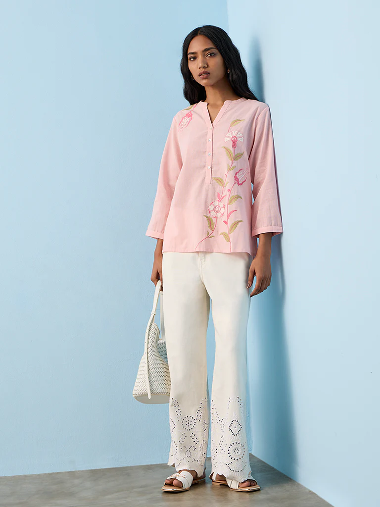 Utsa Pink Foliage Embroidered Cotton-Blend Straight Tunic - Image 2