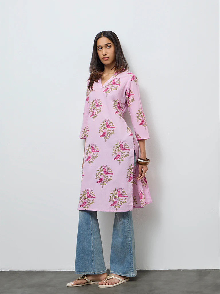 Utsa Pink Foliage Pattern Cotton Straight Kurta