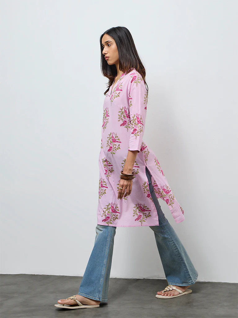 Utsa Pink Foliage Pattern Cotton Straight Kurta - Image 2