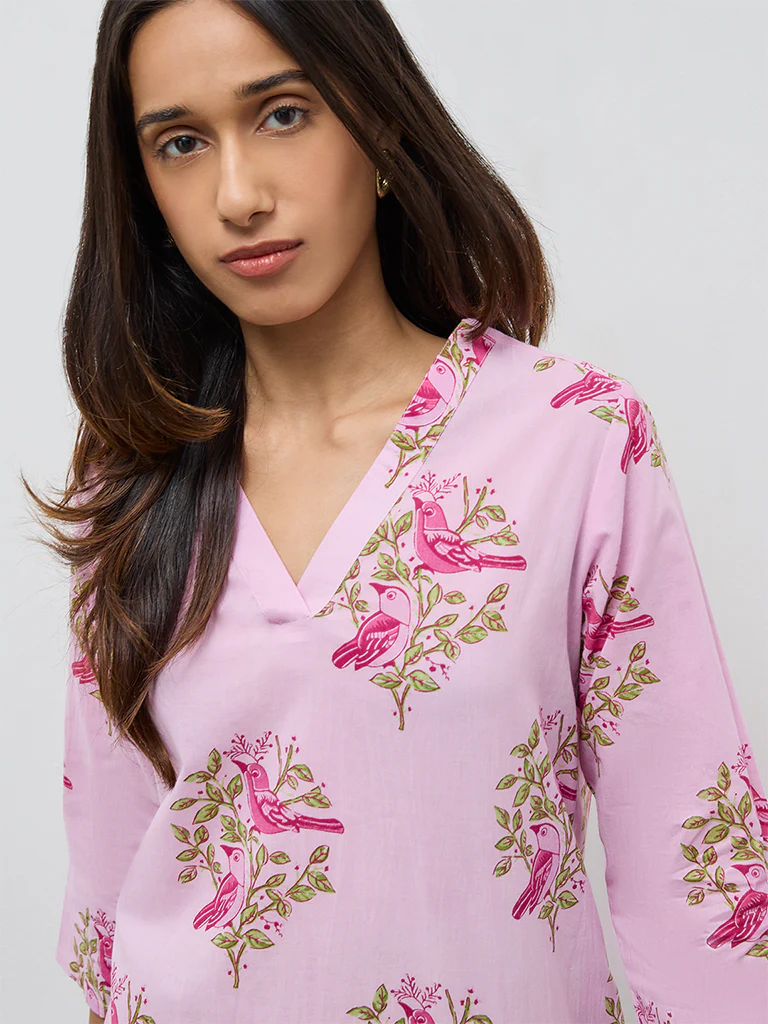 Utsa Pink Foliage Pattern Cotton Straight Kurta - Image 3