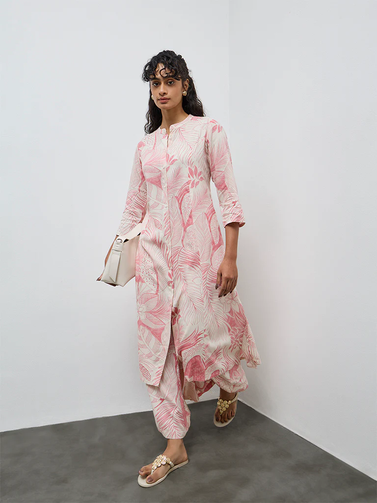 Utsa Pink Foliage Printed A-Line Kurta - Image 2