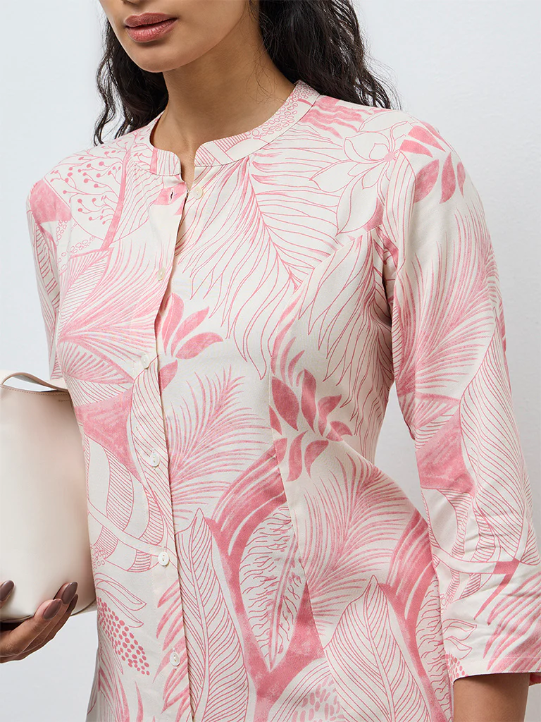 Utsa Pink Foliage Printed A-Line Kurta - Image 3