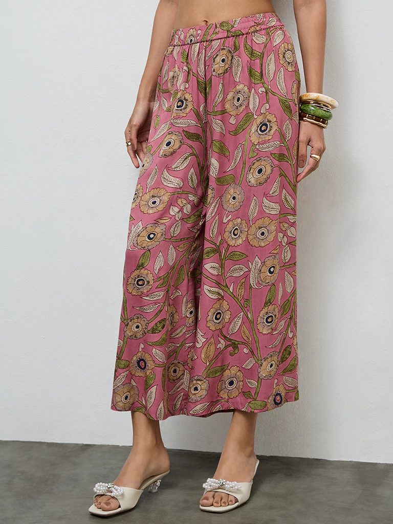 Utsa Pink Foliage Printed Palazzos - Image 2