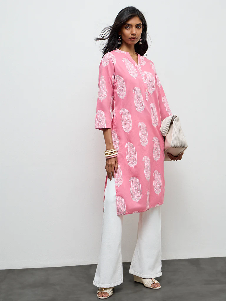 Utsa Pink Paisley Printed Cotton Straight Kurta