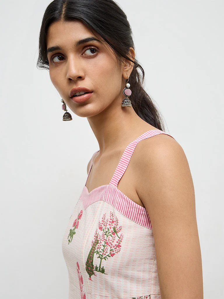 Utsa Pink Printed Cotton A-Line Kurta - Image 3