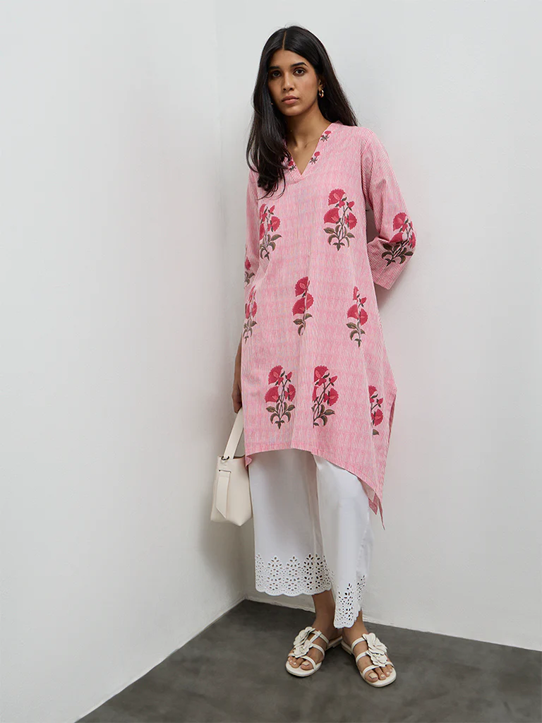Utsa Pink Printed Cotton A-Line Kurta
