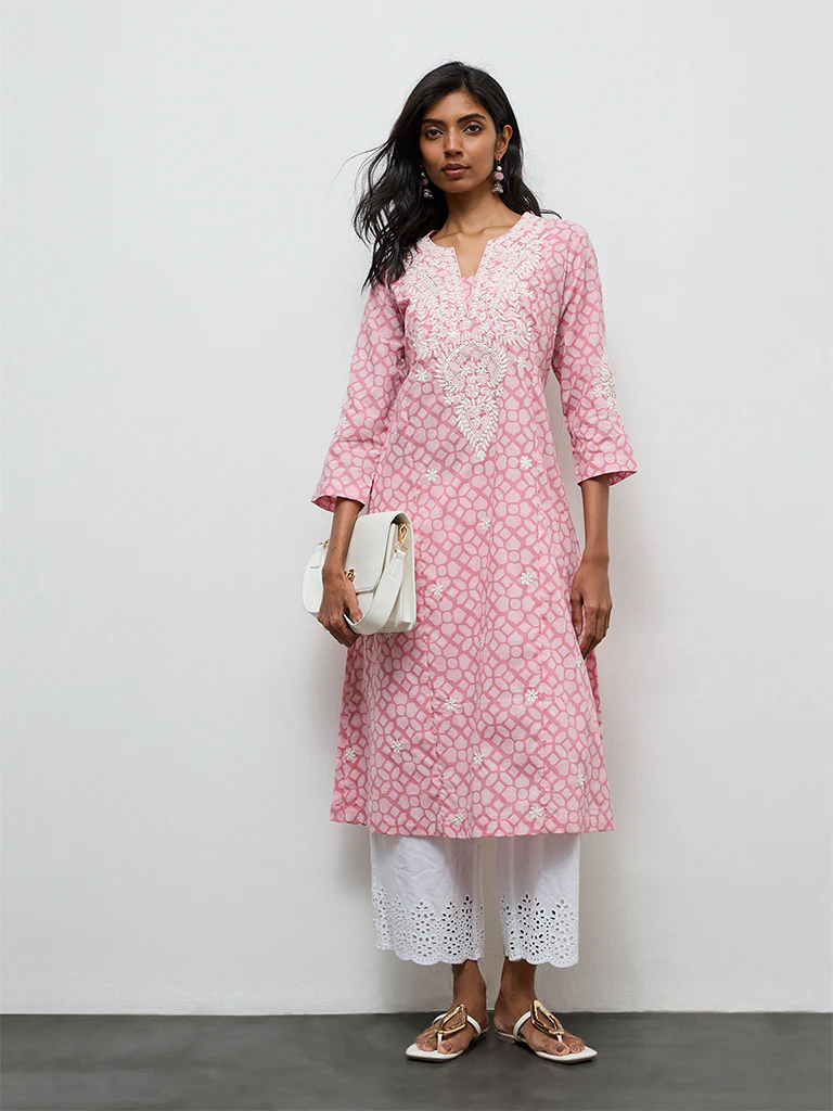 Utsa Pink Printed Cotton-Blend A-Line Kurta - Image 2