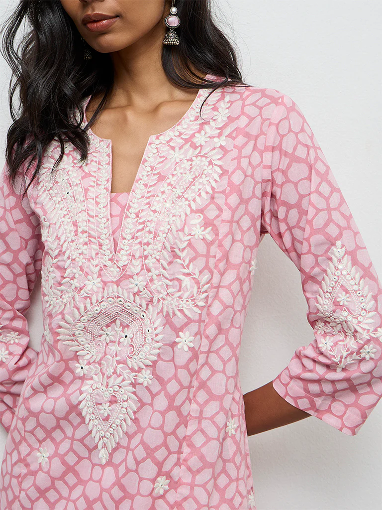 Utsa Pink Printed Cotton-Blend A-Line Kurta - Image 3