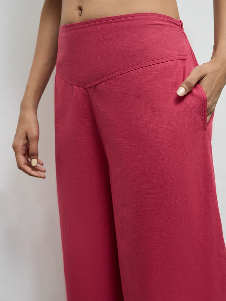 Utsa Pink Solid Cotton Palazzos - Image 3