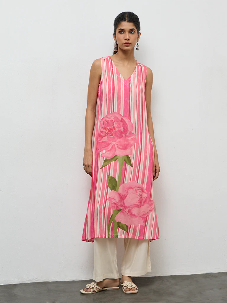 Utsa Pink Striped A-Line Kurta