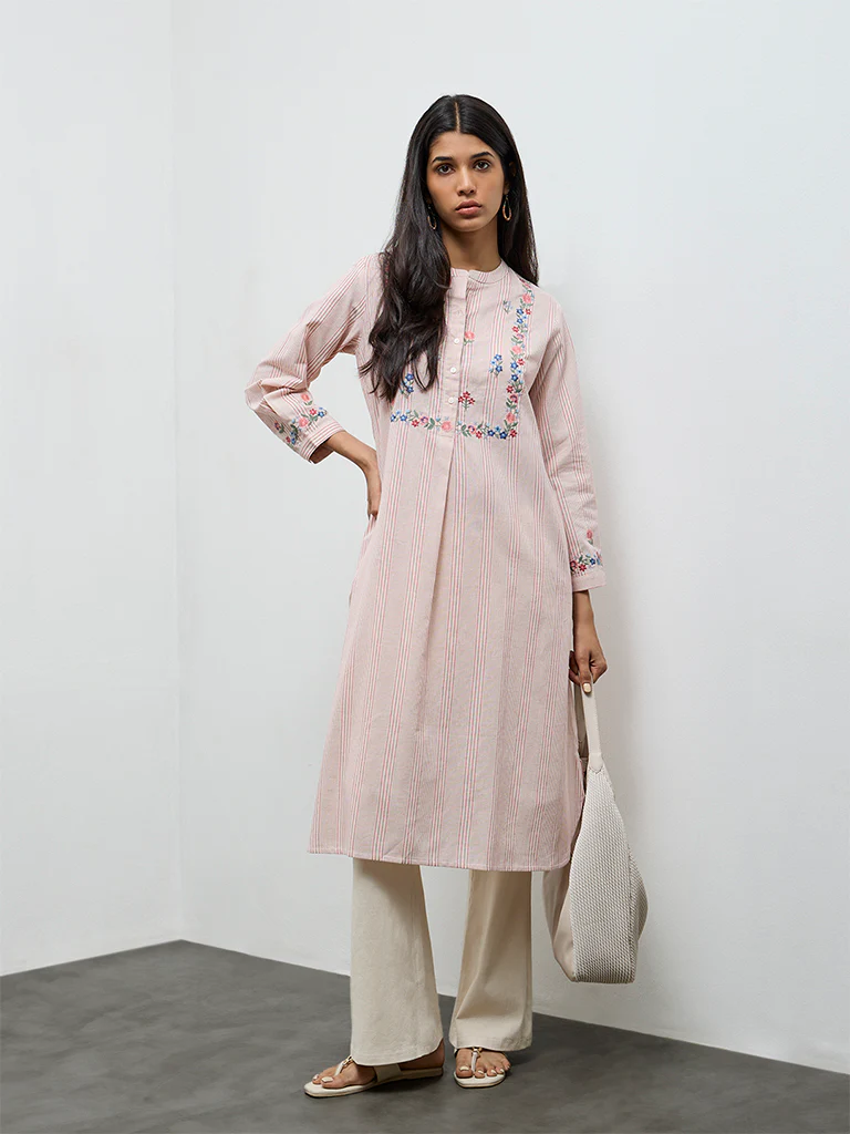 Utsa Pink Striped Cotton-Blend A-Line Kurta