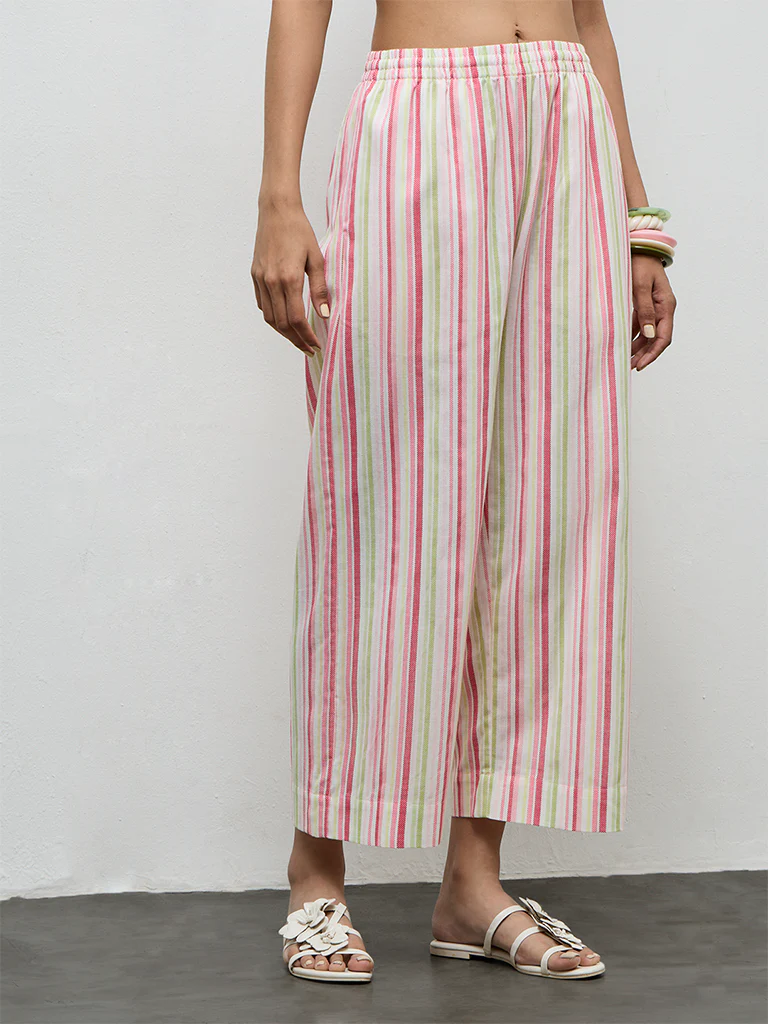 Utsa Pink Striped Cotton-Blend Pants