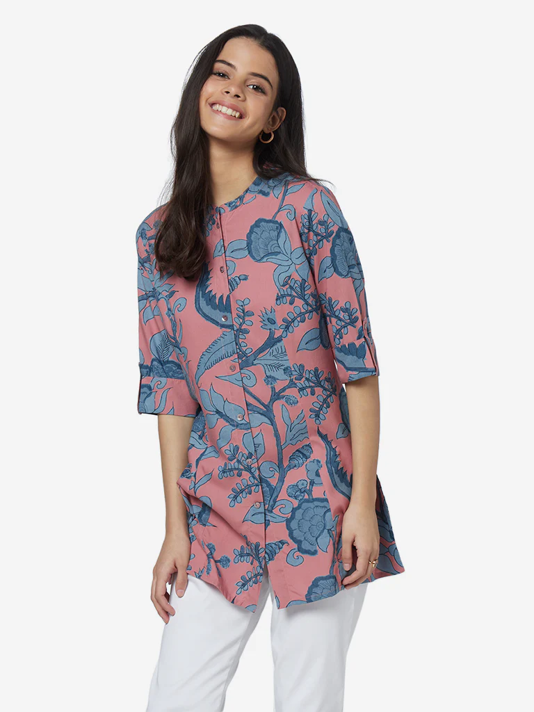Utsa Pink Tropical Print A-line Kurti - Image 3