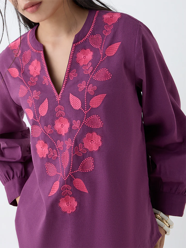 Utsa Plum Botanical Embroidered Cotton-Blend Top - Image 3