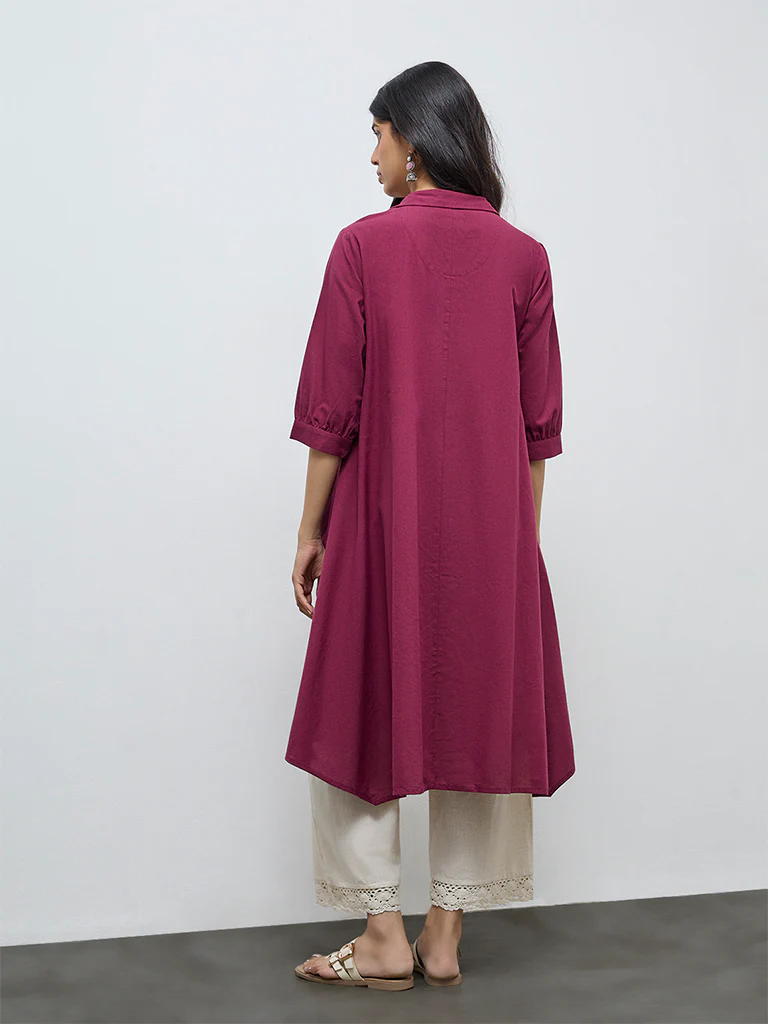Utsa Plum Floral Embroidered A-Line Cotton-Blend Kurta - Image 4