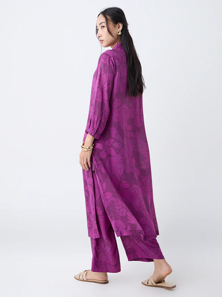 Utsa Plum Floral Pattern Cotton A-Line Kurta - Image 4